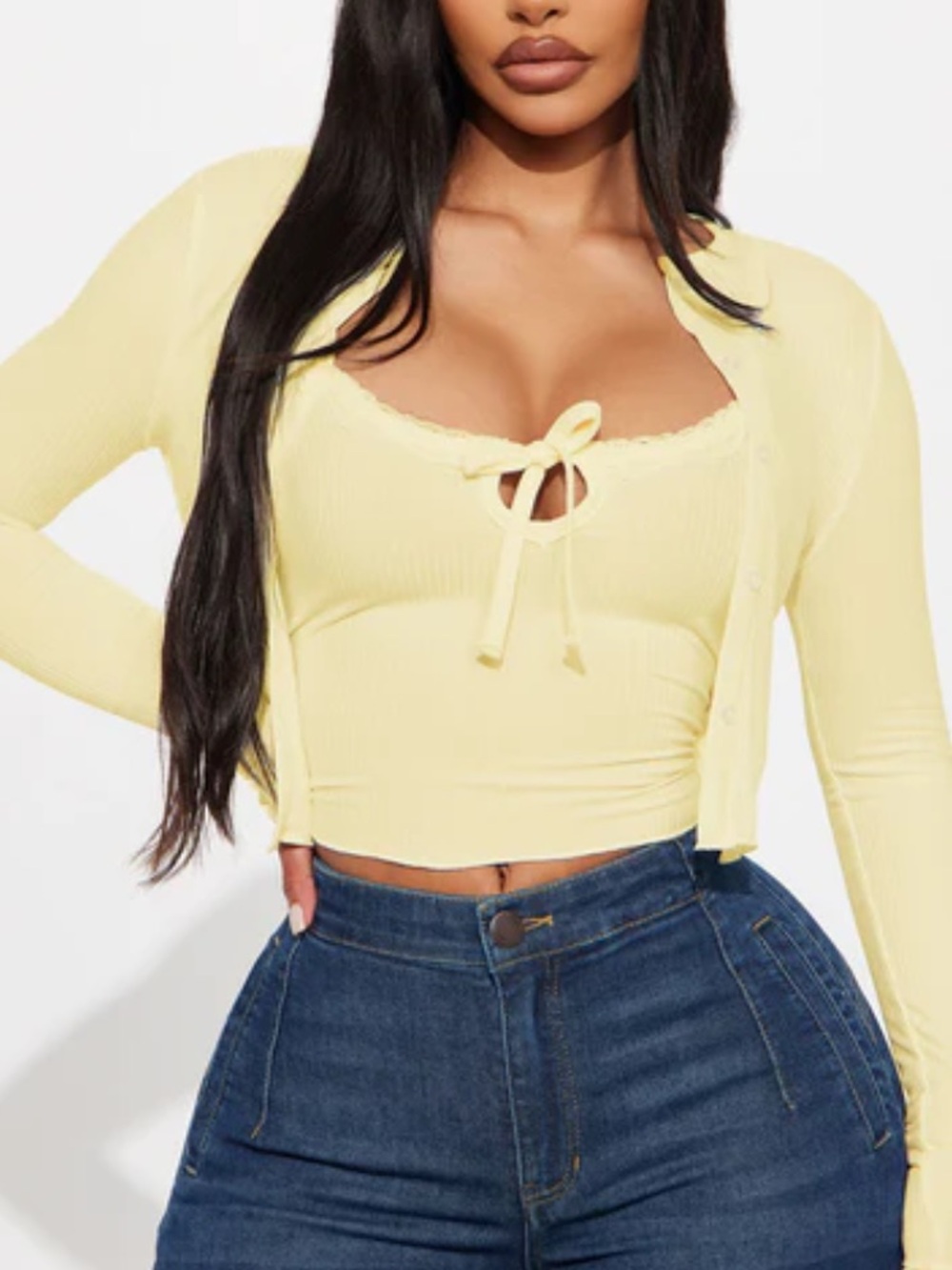 Fashion Nova Lemon Two-Piece Crop Tank & Cardigan Set
